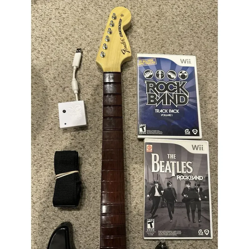 Nintendo Wii Rock Band Guitar w Dongle Strap 2 Games RockBand Track Pack Tested